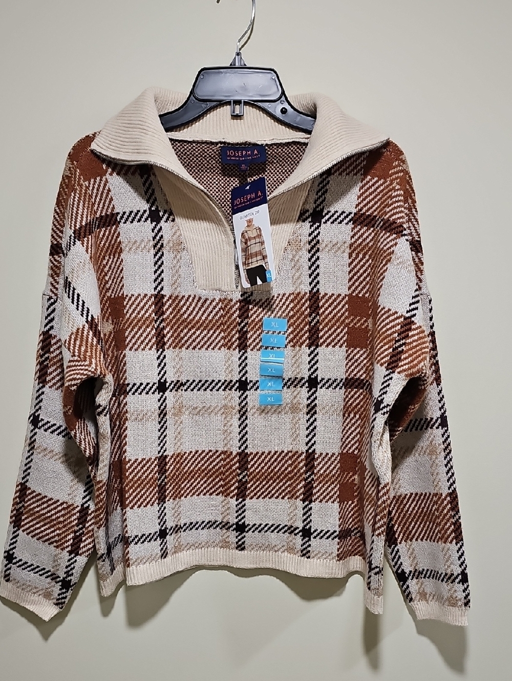Joseph A Cream and Brown Plaid Zip-Neck Women's Sweater